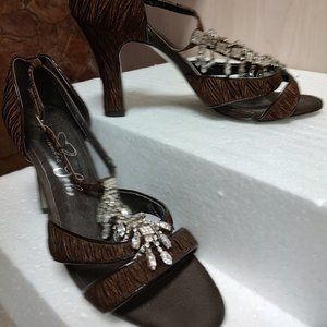 "ROMANTIC SOLES" BROWN SATIN SANDALS W/RHINESTONES & 3.5" HEEL